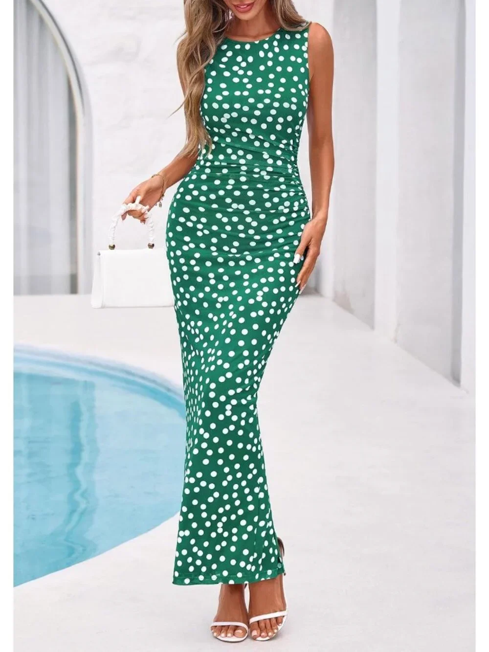 Women's Dot Green Polyester Elastane Mesh Sleeveless Bodycon Long Maxi Dress - Picture 6 of 6